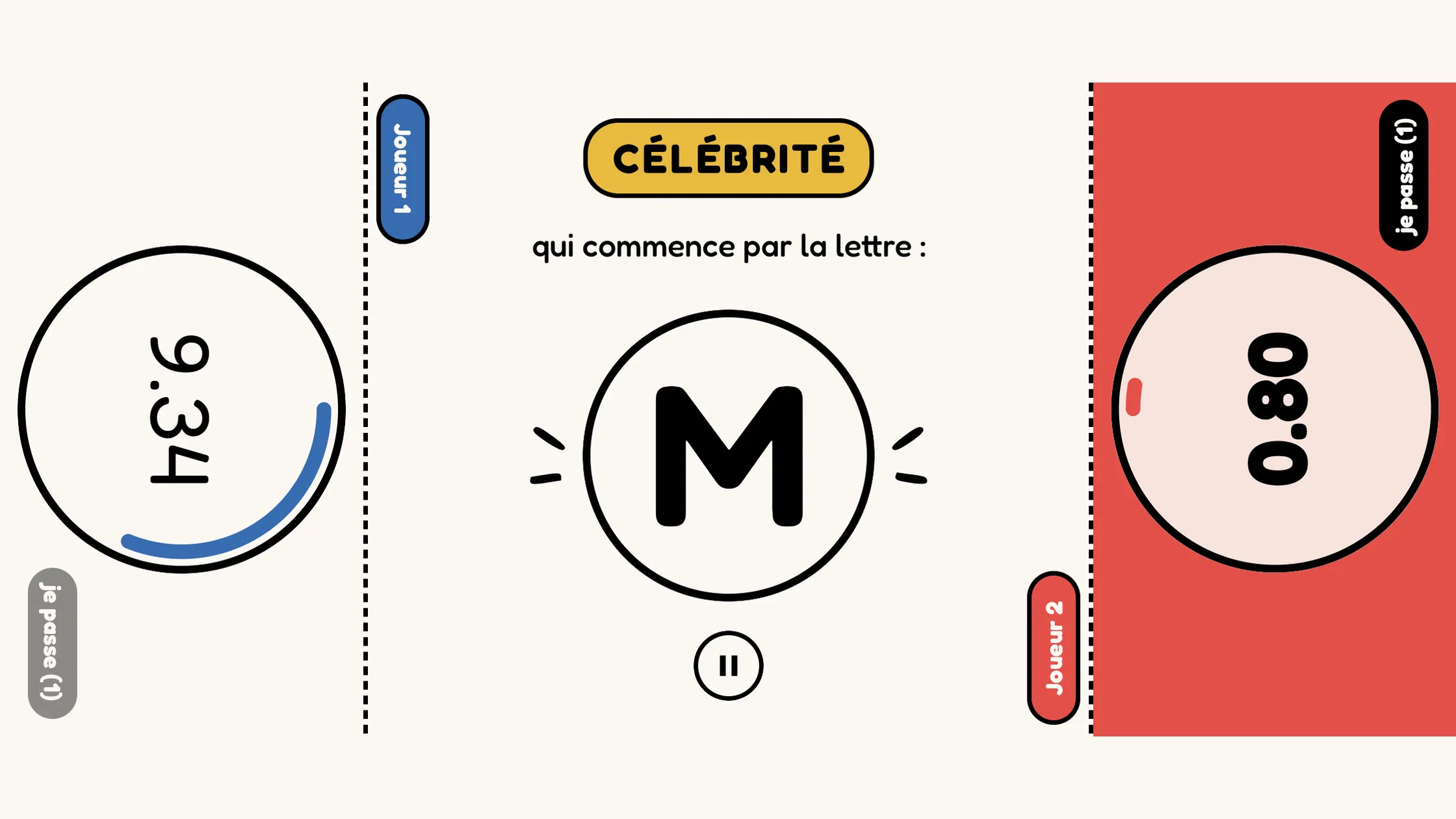Écran de jeu de Répartie : la consigne « Célébrité qui commence par la lettre M » au centre, et le décompte de chaque joueur de part et d'autre de l'écran.